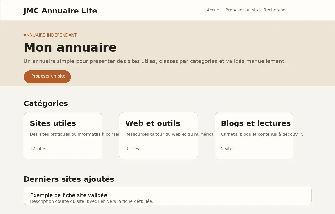 Aperçu de la page d’accueil de JMC Annuaire Lite