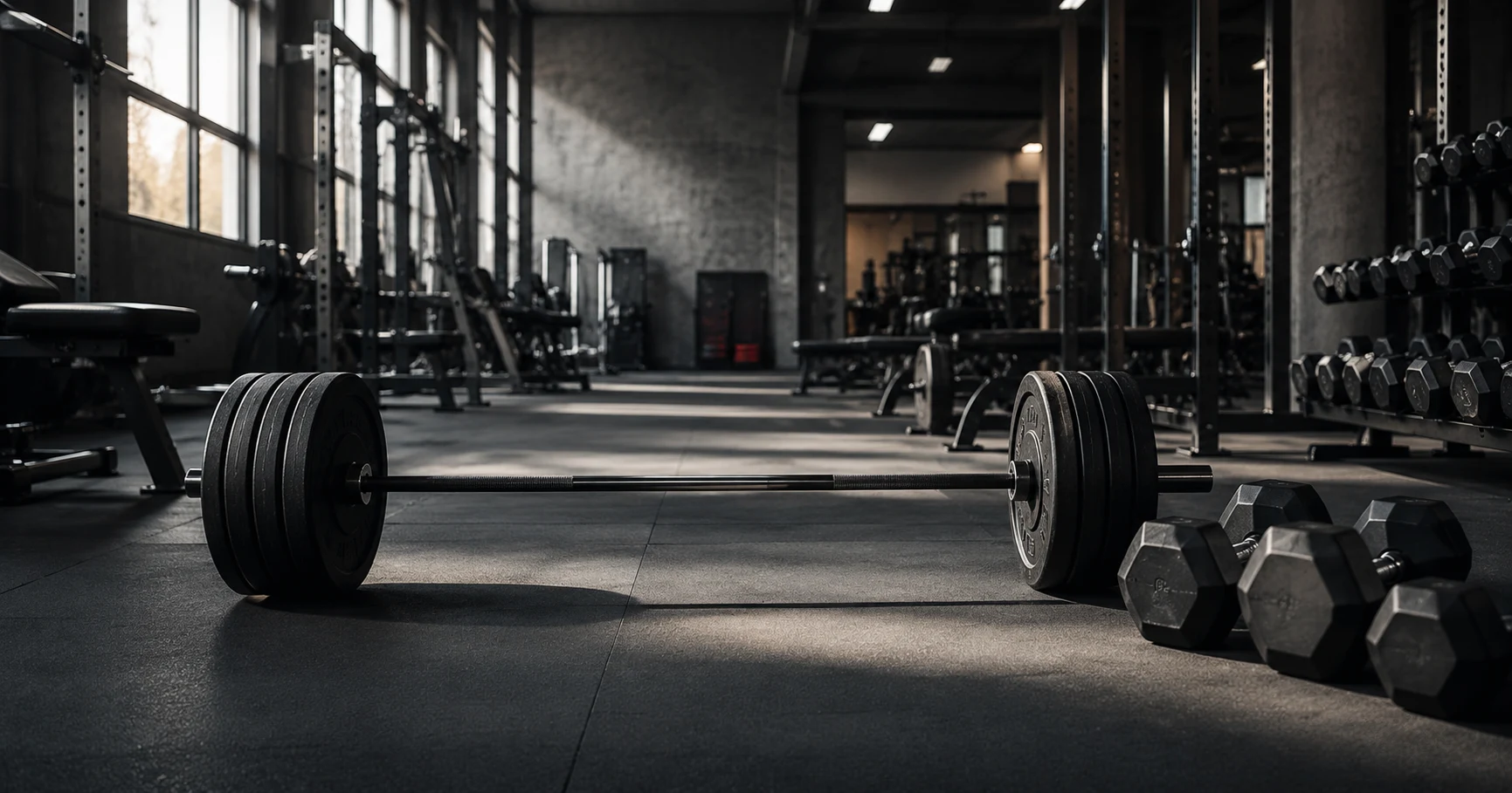 Salle de musculation avec haltères et barre chargée pour illustrer un avis sur une association de musculation à Hennebont