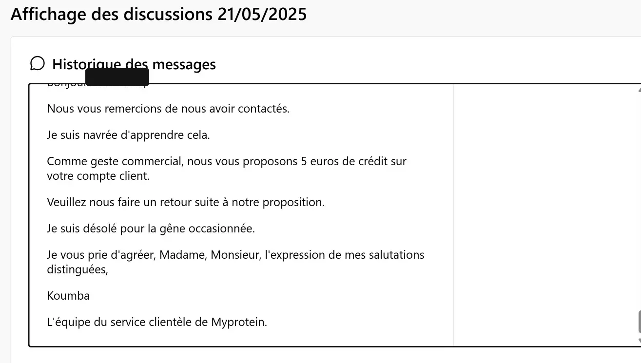 Capture MyProtein indiquant une proposition de 5 euros de crédit sur le compte client