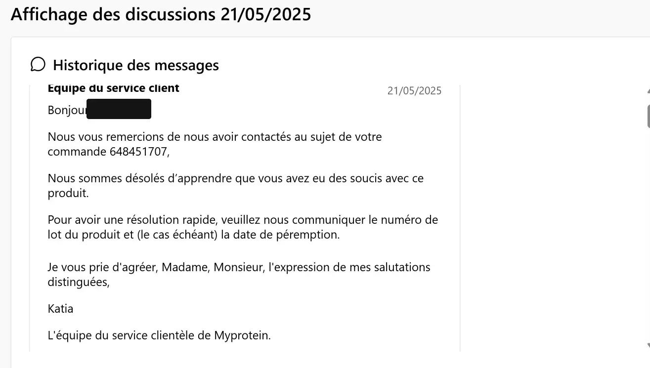 Capture MyProtein du 21 mai 2025 demandant le numéro de lot et la date de péremption