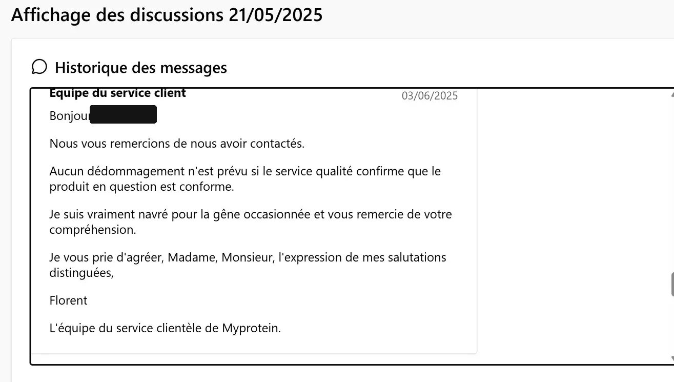 Capture MyProtein du 3 juin 2025 indiquant qu’aucun dédommagement n’est prévu si le produit est confirmé conforme