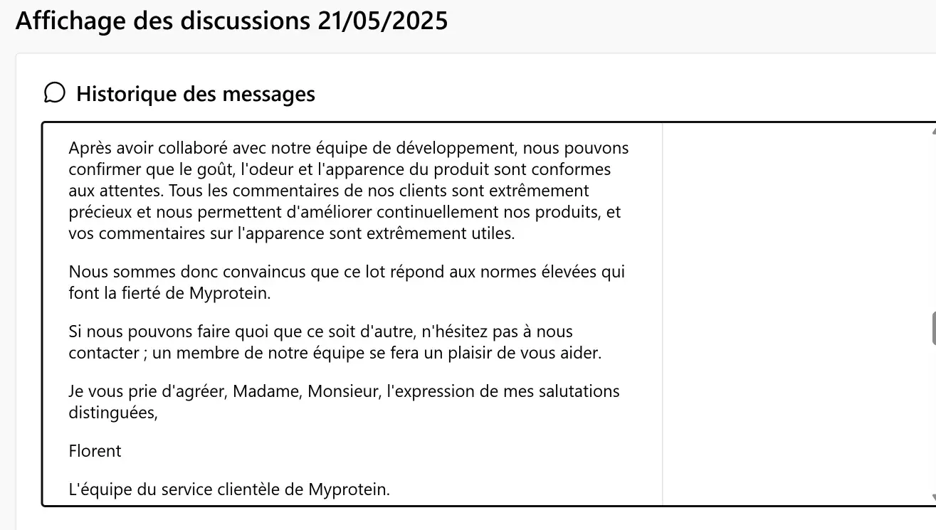 Capture MyProtein évoquant la conformité du goût, de l’odeur et de l’apparence du produit
