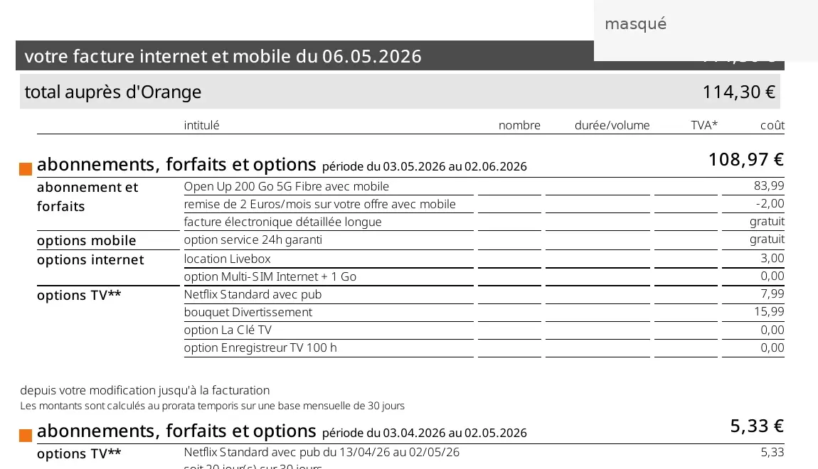 Extrait de facture Orange montrant des lignes Netflix avec un montant mensuel et un prorata