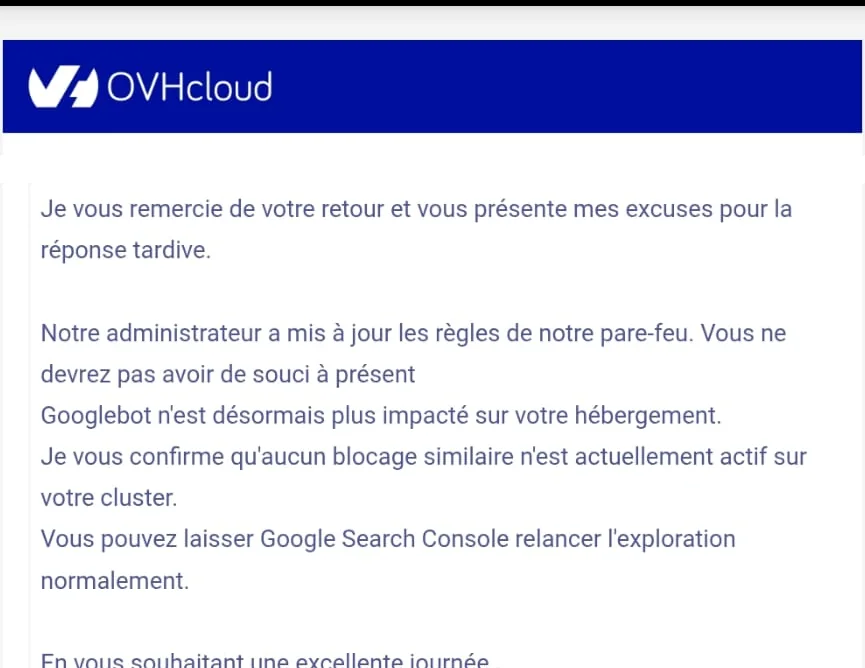 Capture d’une réponse OVHcloud indiquant une mise à jour des règles du pare-feu et Googlebot non impacté