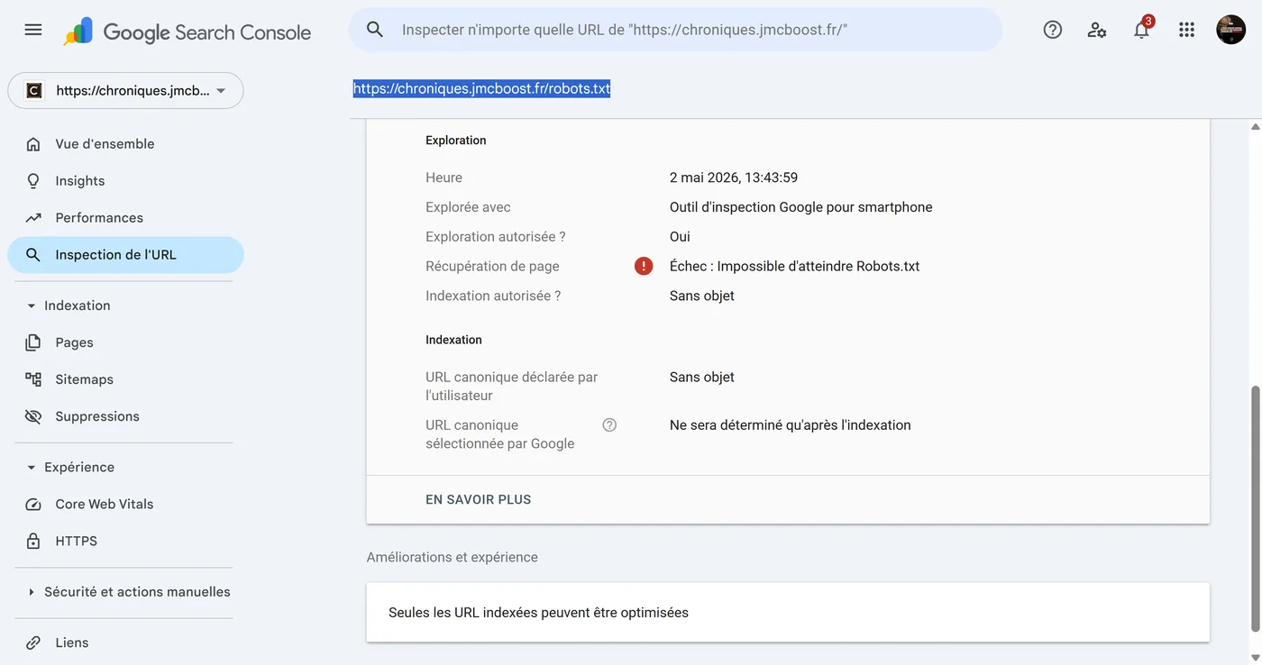 Capture Google Search Console indiquant une impossibilité d’atteindre le fichier robots.txt