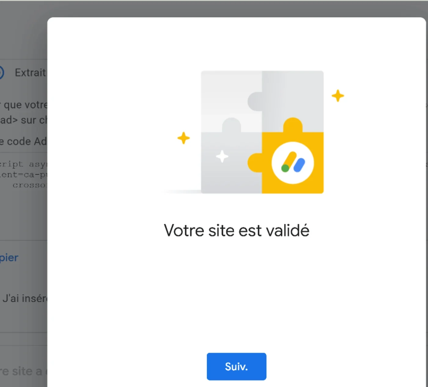 Capture Google AdSense affichant le message Votre site est validé