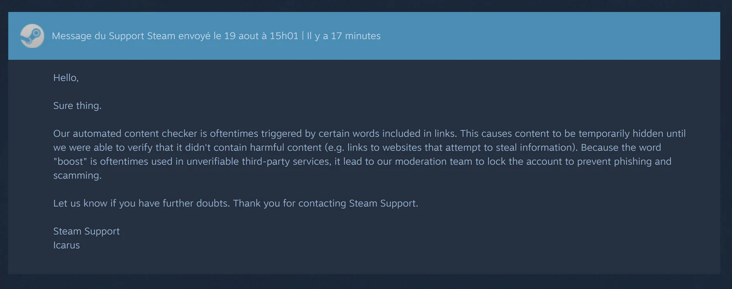 Réponse du support Steam expliquant que le mot boost dans un lien peut déclencher son contrôle automatisé de contenu