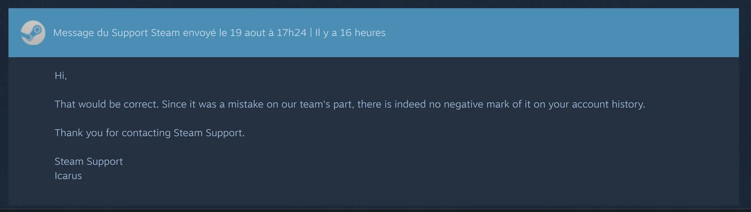 Réponse finale de Steam confirmant qu’aucune marque négative ne reste dans l’historique du compte après leur erreur