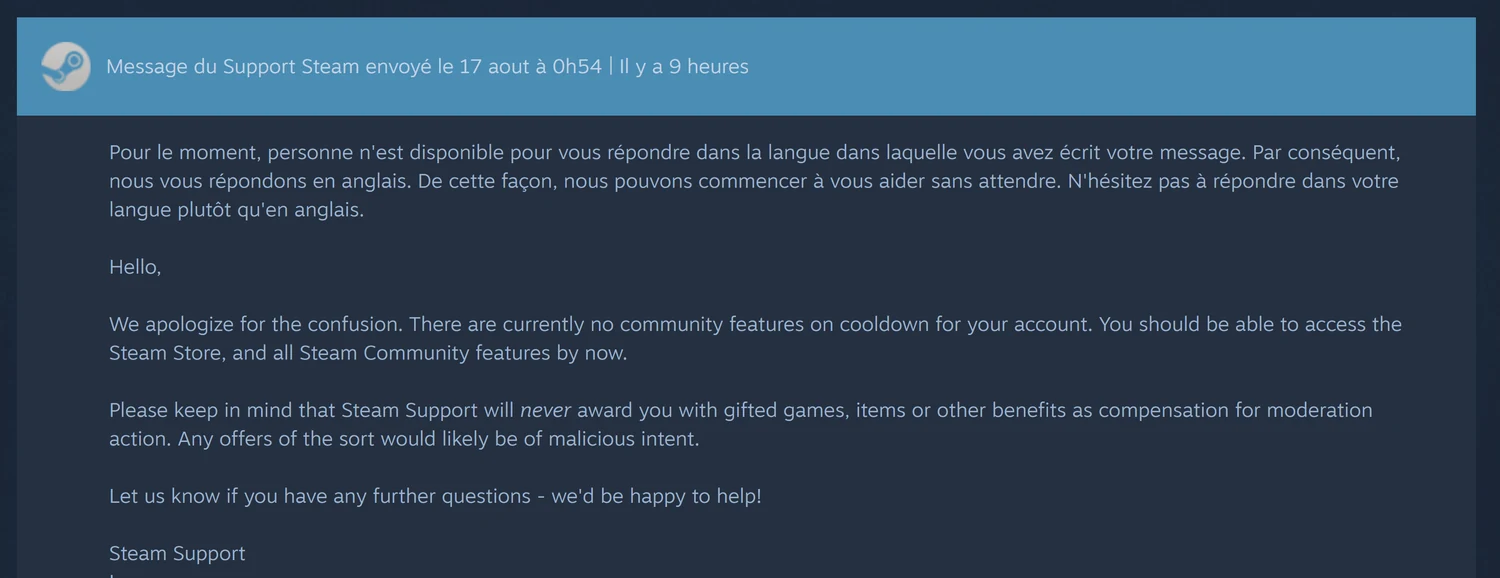 Réponse du support Steam indiquant qu’aucun jeu, objet ou avantage n’est accordé en compensation d’une action de modération