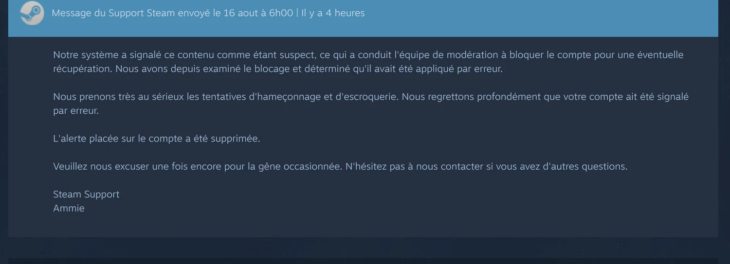 Réponse du support Steam reconnaissant que le blocage du compte avait été appliqué par erreur