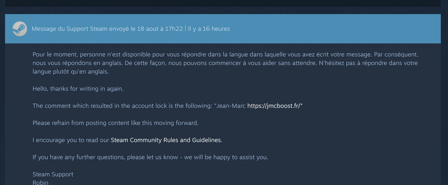Réponse du support Steam identifiant le commentaire contenant Jean-Marc et le lien jmcboost.fr comme déclencheur du verrouillage