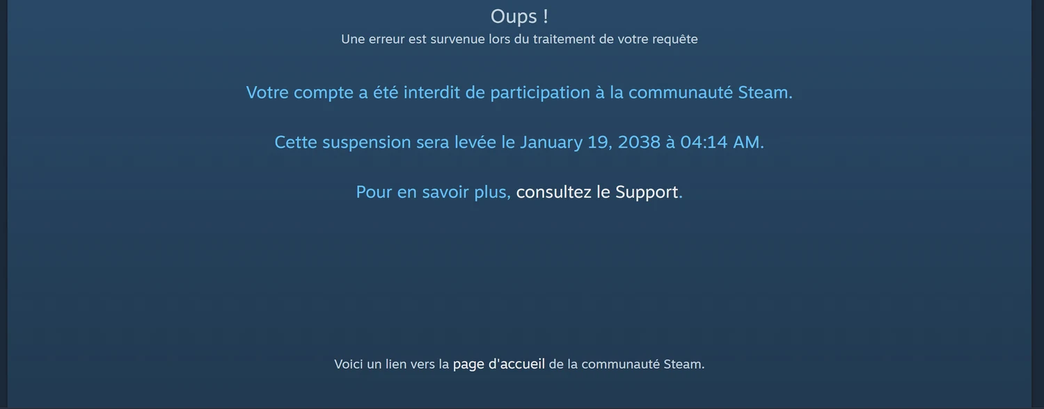 Message Steam annonçant une interdiction de participation à la communauté jusqu’au 19 janvier 2038