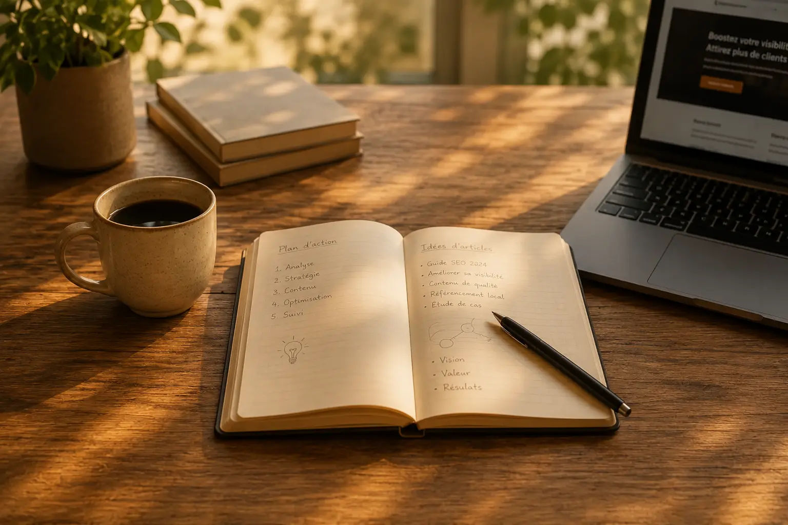 Carnet de travail, ordinateur et café