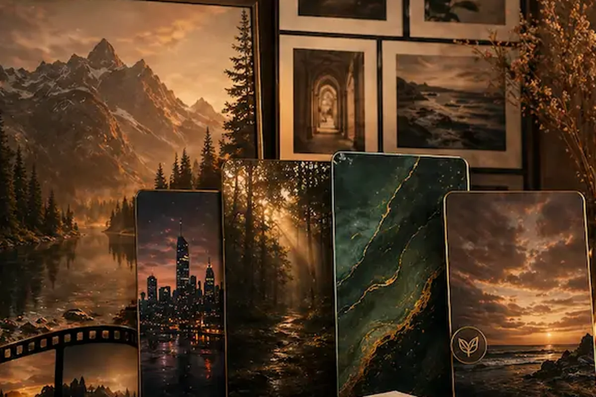 Sélection visuelle avec paysages, cadres et compositions graphiques