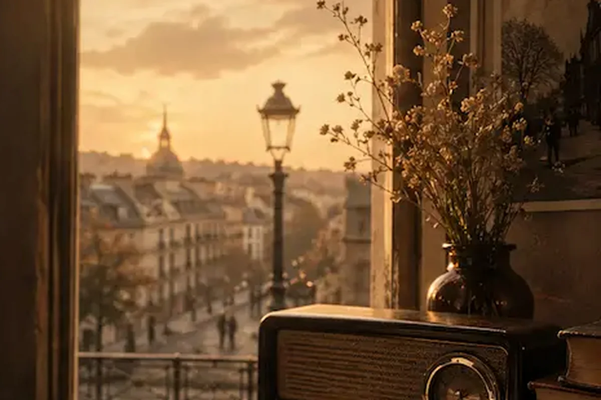 Radio ancienne posée près d’une fenêtre dans une ambiance douce
